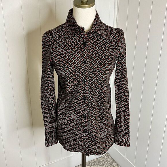 Handmade Womens Small Button Front Shirt Black Pink Diamond Pattern Long Sleeve - Picture 1 of 12